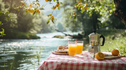 Picnic on the river with coffee maker and orange juice on a table with pink checkered tablecloth