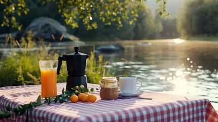 Picnic on the river with coffee maker and orange juice on a table with pink checkered tablecloth