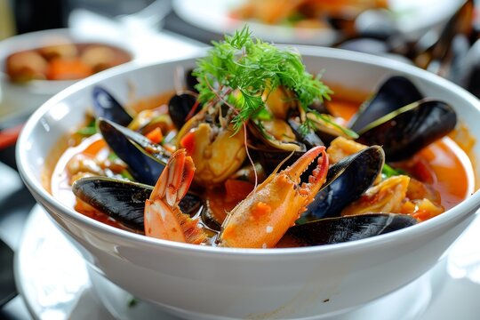 Peruvian Parihuela Seafood soup with crab mussels cassava seaweed in white bowl