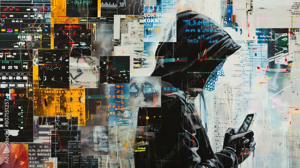 Poster art collage metaphor for hacking personal data on a computer and on a network.