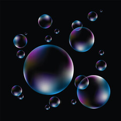 Y2K Realistic gradient bubble vector. Holographic glass bubble design with soap bubbles, transparent, gradient mesh on black background. 3d glass liquid illustration for sticker, decor, backdrop.