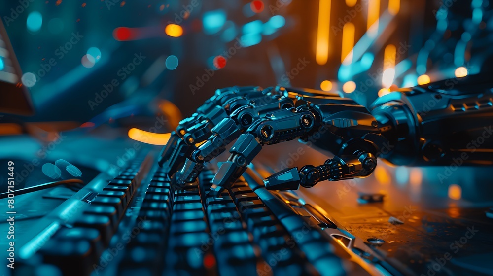 Poster a robotic hand is typing on a keyboard. concept of technology and automation