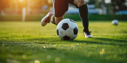 Obraz premium A focused scene of a soccer ball on grass with a player in motion, as the sun sets, capturing the passion and dedication of the sport