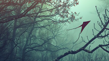 A red kite flies high above a dark, misty forest. - Powered by Adobe