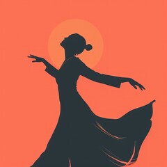 A woman is dancing in a long dress with her arms outstretched