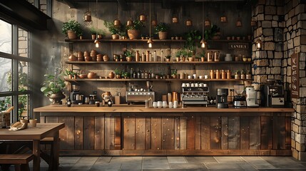 A rustic coffee shop with a wooden bar and shelves full of plants