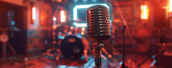 An atmospheric shot of a vintage microphone set in a vibrant music studio, highlighted by moody ambient lighting. 