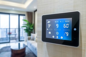 a sleek, modern smart home thermostat mounted on a light wall with intuitive touch interface