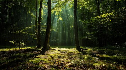 The sun shines through the tall trees in the forest. The green leaves of the trees are lush and full.