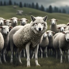 Wolf with behave of sheep in the crowed of sheep's 