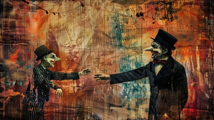 A puppeteer with his puppet, collage art.