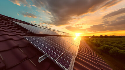 solar power panels on home roof at sunset, green house building eco industry, sun cell system, solar energy panel, future electrical technology, light nature sky , photovoltaic, Renewable energy