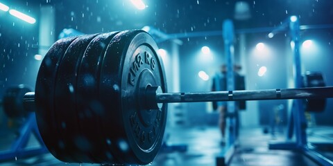A loaded barbell ready for action in the atmospheric lighting of a professional gym during a heavy workout session