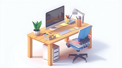 Productivity Tools and a Positive Work Environment in Isometric Scene on Organized Office Desk 3D Flat Icon Concept for Employee