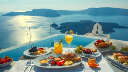 Breakfast on terrace hotel outdoor. Luxury and delicious food. Santorini, Greece