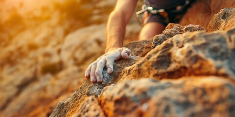 Rock climber showcases human endurance while gripping a steep cliff with a warm glow of sunset in the background