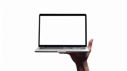 It is a mockup of a laptop with a white screen. The hand is holding a laptop.