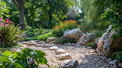 Fototapeta premium A path through a garden with a rock wall and a variety of plants. The path is made of rocks and the plants are colorful