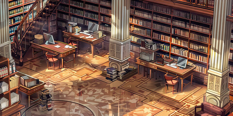 Naklejka premium Library Floor: Displaying bookshelves, study tables, reading nooks, and computer stations for research