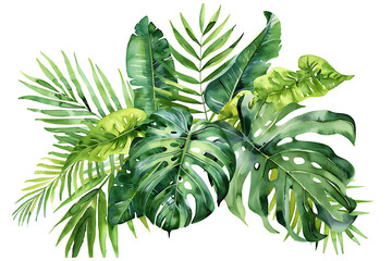 Watercolor painting realistic Green leaves of tropical plants bush (Monstera, palm, fern, rubber plant, pine, birds nest fern) floral arrangement isolated on white background.