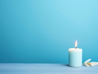 Sky Blue background with white thin wax candle with a small lit flame for funeral grief death dead sad emotion with copy space texture for display 