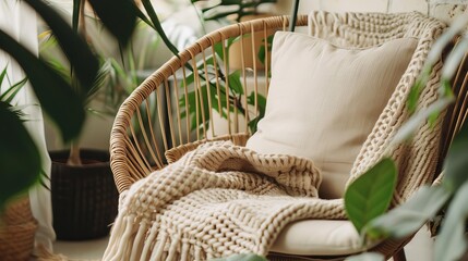 A cozy bohemian style wicker chair boho style with a cream cushion and a chunky cream blanket surrounded by indoor plants