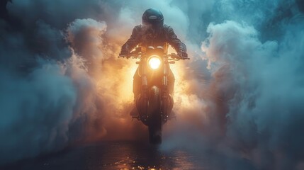 A man is riding a motorcycle through a thick cloud of smoke