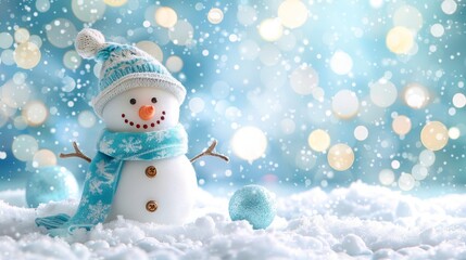  A snowman stands in the snow, donned with a blue hat A blue snowball sits before him against a blurred backdrop
