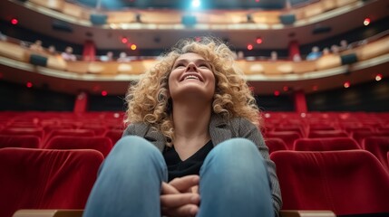 Fototapeta premium A woman sits in a red chair before a large auditorium The seats and curtain are all red