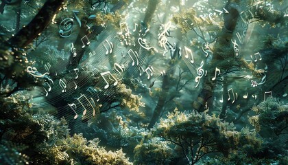 Capture the intricate harmony of branches forming musical notes in a photorealistic, digital masterpiece Include vibrant hues to represent a symphonic forest in CG 3D