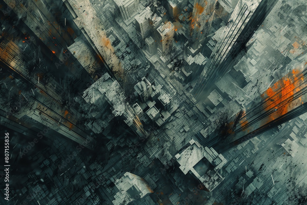 Poster capture the mesmerizing chaos of urban textures from a birds eye view, intertwining concrete jungles