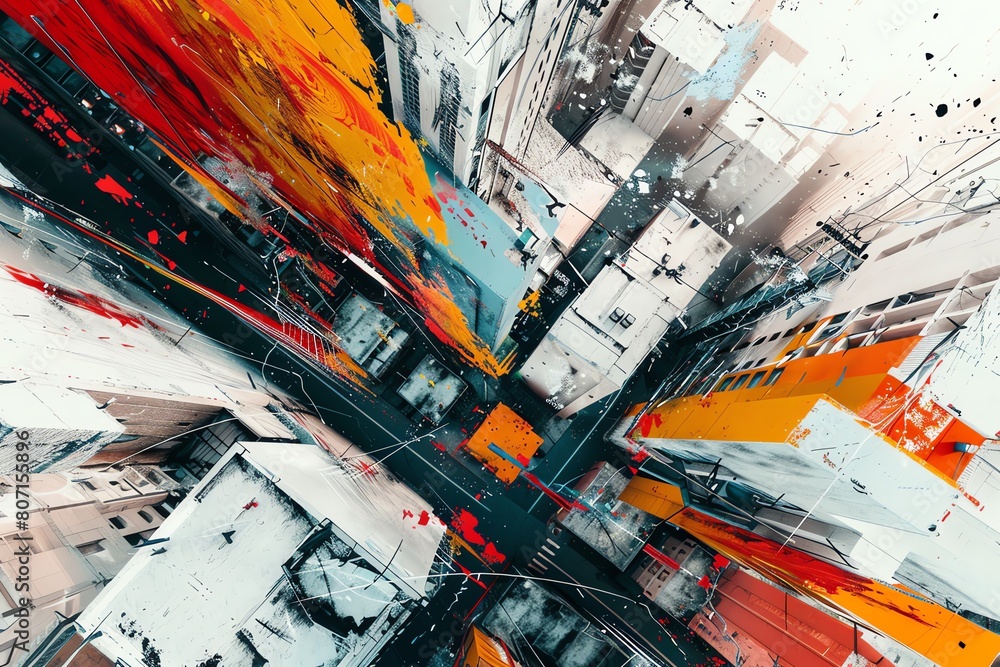 Poster capture the mesmerizing chaos of urban textures from a birds eye view, intertwining concrete jungles