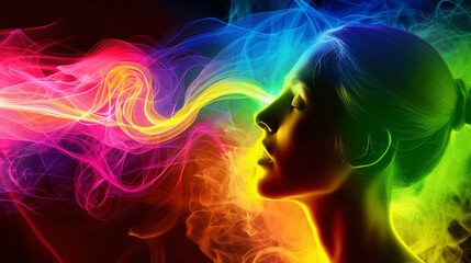 Mulher com luzes coloridas abstratas 