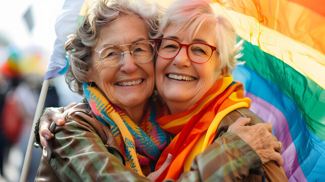 Happy senior lesbian couple embracing at pride month festival with rainbow flag. Smiling elderly gay women hugging. Candid inclusion AI