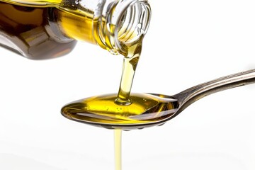 Pouring oil from bottle onto spoon on white background