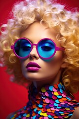 Obraz premium a model with blonde hair and glasses is wearing a colorful pair of sunglasses.