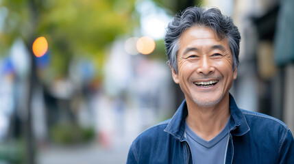 Homem japones sorrindo na cidade - Papel de parede