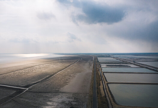 Aerial photography of the seaside and aquaculture farms in Dongying City, Shandong Province