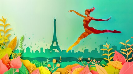 a gymnast jumping in air with paris city skyline background