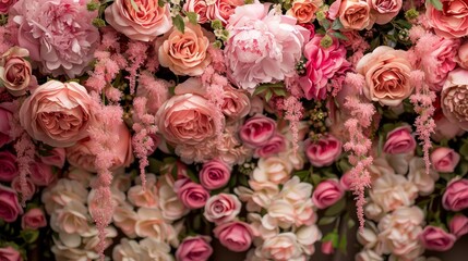 A bouquet of pink flowers with a pink ribbon. The flowers are arranged in a way that they look like they are hanging from the ceiling. Scene is one of elegance and sophistication
