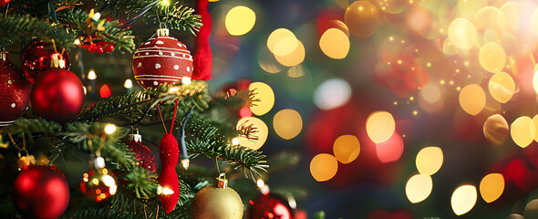 Christmas tree with red and gold baubles on bokeh background.
Christmas and New Year holidays background.