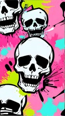 Punk pop rock style skull elements with colorful abstract background, seamless mosaic pattern. Vector illustration. Generative AI