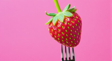 a strawberry on a fork on a pink background