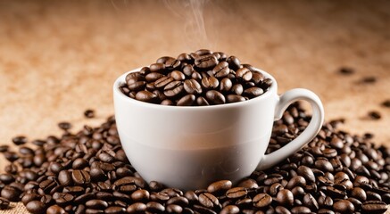 Fototapeta premium white cup overflowing with coffee beans