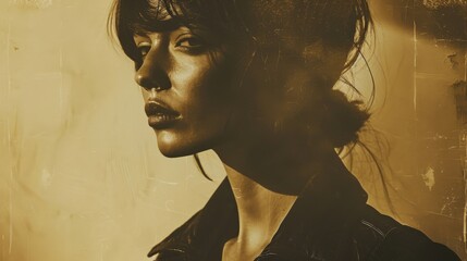 A dark-haired woman exudes confidence in a leather jacket, embodying a vintage and grunge aesthetic