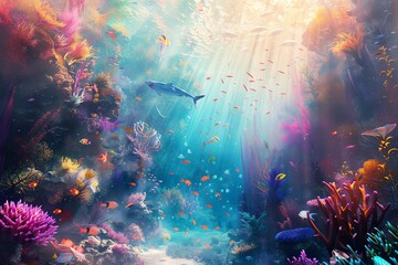 Dive into a mesmerizing underwater realm, capturing fantastical sea creatures in vibrant, luminescent hues with a whimsical twist on aerial perspective