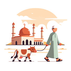 illustration of a Muslim man walking with a cow towards a mosque