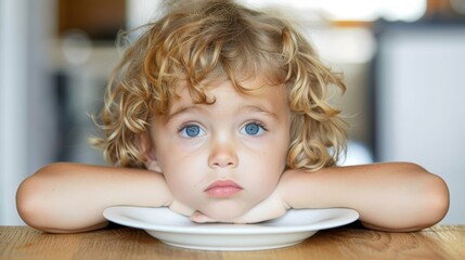 Fototapeta premium A child, seated at a table, gazes at the camera, a plate of food in close proximity