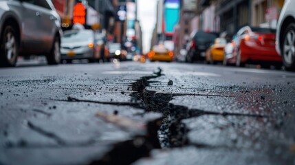 A crack in the asphalt of a city street with cars driving in the background