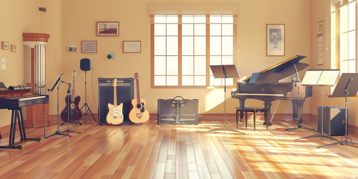 Music Room Floor: Featuring musical instruments, sheet music stands, a piano, and audio equipment for music classes.